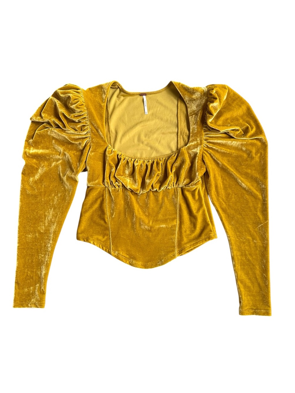 Free People Hold Me Gold Velvet Pleated Puff Long Sleeve Top